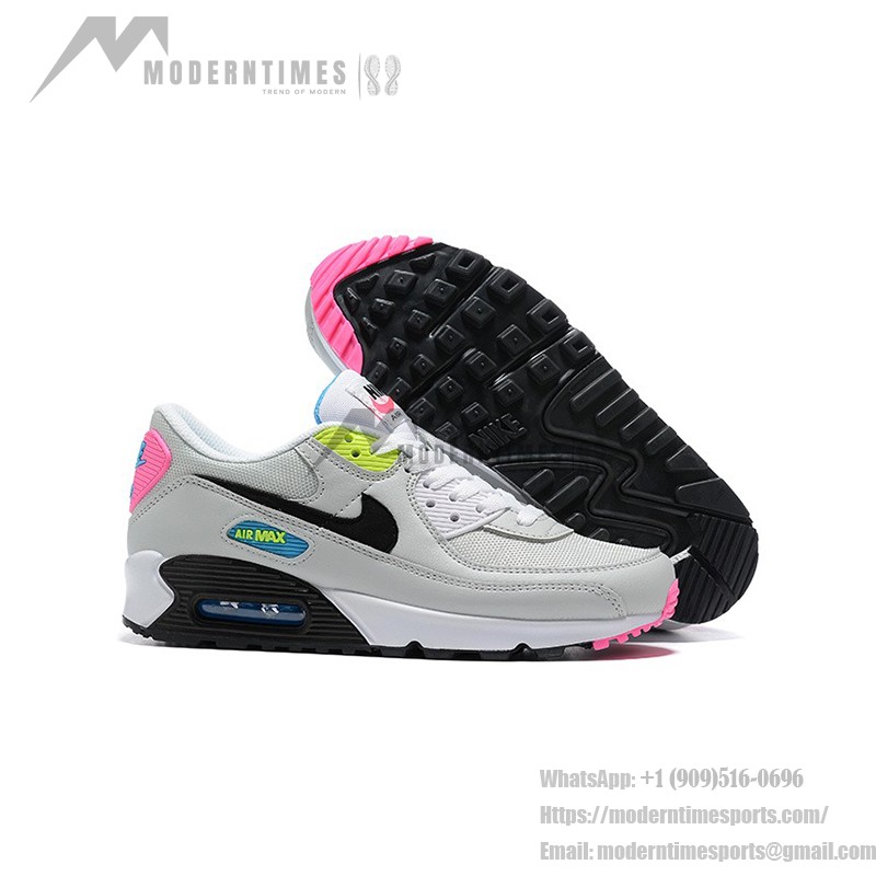 Nike Air Max 90 DZ4398-001 - Bold Grey Sneakers with Vibrant Neon Accents Nike Air Max 90 DZ4398-001 - Grey Sneakers with Neon Pink, Yellow & Blue Accents