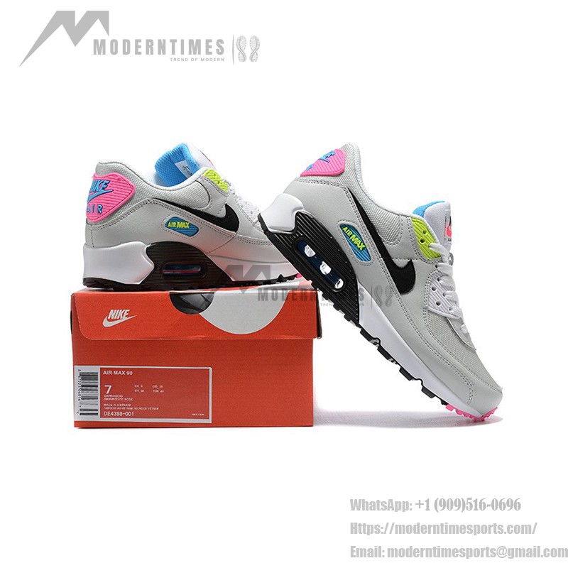 Nike Air Max 90 DZ4398-001 - Bold Grey Sneakers with Vibrant Neon Accents Nike Air Max 90 DZ4398-001 - Grey Sneakers with Neon Pink, Yellow & Blue Accents