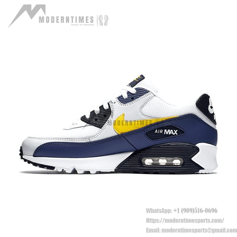 Nike Air Max 90 Essential 'ホワイト/ネイビー/イエロー' AJ1285-101 - スポーティーなデザインとMax Airクッショニング Nike Air Max 90 Essential 'ホワイト/ネイビー/イエロー' AJ1285-101 - ネイビーとイエローアクセントが映えるホワイトスニーカー