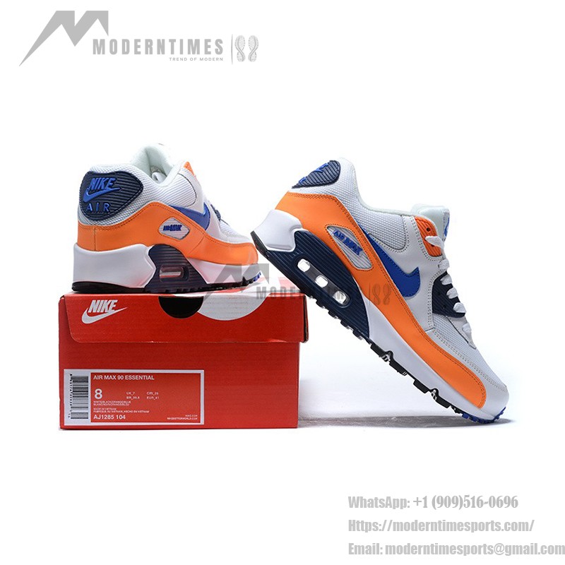 Nike Air Max 90 Essential 'トータルオレンジ/ブルー' AJ1285-104 - 鮮やかなデザインとMax Airクッショニング Nike Air Max 90 Essential 'トータルオレンジ/ブルー' AJ1285-104 - オレンジのオーバーレイとブルーのスウッシュが特徴のホワイトスニーカー