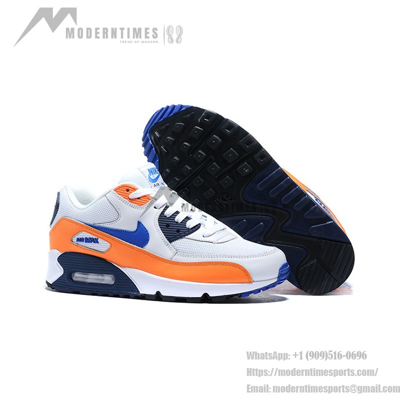 Nike Air Max 90 Essential 'トータルオレンジ/ブルー' AJ1285-104 - 鮮やかなデザインとMax Airクッショニング Nike Air Max 90 Essential 'トータルオレンジ/ブルー' AJ1285-104 - オレンジのオーバーレイとブルーのスウッシュが特徴のホワイトスニーカー