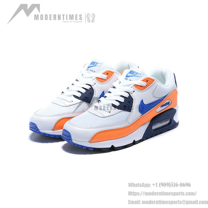 Nike Air Max 90 Essential 'トータルオレンジ/ブルー' AJ1285-104 - 鮮やかなデザインとMax Airクッショニング Nike Air Max 90 Essential 'トータルオレンジ/ブルー' AJ1285-104 - オレンジのオーバーレイとブルーのスウッシュが特徴のホワイトスニーカー