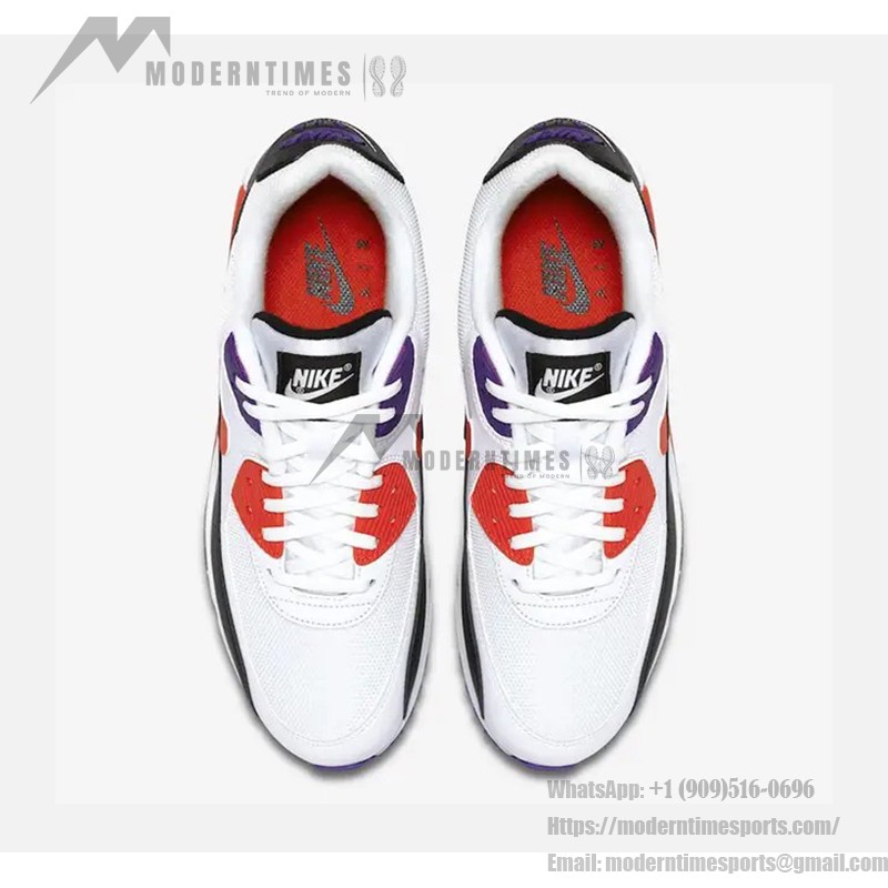 Nike Air Max 90 Essential 'ホワイト/レッド/ブラック/パープル' AJ1285-106 - 鮮やかな配色とMax Airクッショニング Nike Air Max 90 Essential 'ホワイト/レッド/ブラック/パープル' AJ1285-106 - レッド、ブラック、パープルのアクセントが特徴のホワイトスニーカー