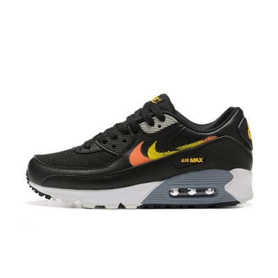 Nike Air Max 90 FJ4229-001 - グラデーションオレンジ＆イエロースウッシュ付きブラックスニーカー | 大胆なデザイン＆一日中の快適さ