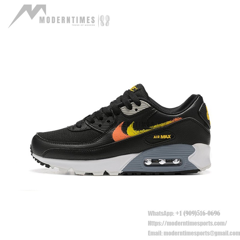 Nike Air Max 90 FJ4229-001 - 大胆なグラデーションスウッシュスニーカー Nike Air Max 90 FJ4229-001 - グラデーションオレンジ&イエロースウッシュ付きブラックスニーカー