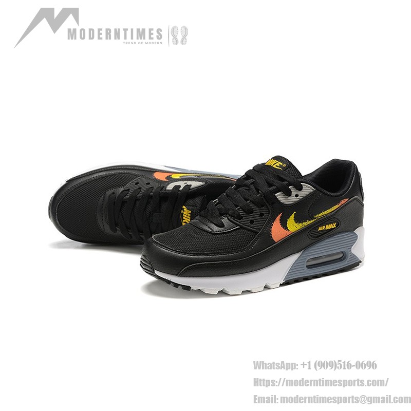 Nike Air Max 90 FJ4229-001 - 大胆なグラデーションスウッシュスニーカー Nike Air Max 90 FJ4229-001 - グラデーションオレンジ&イエロースウッシュ付きブラックスニーカー