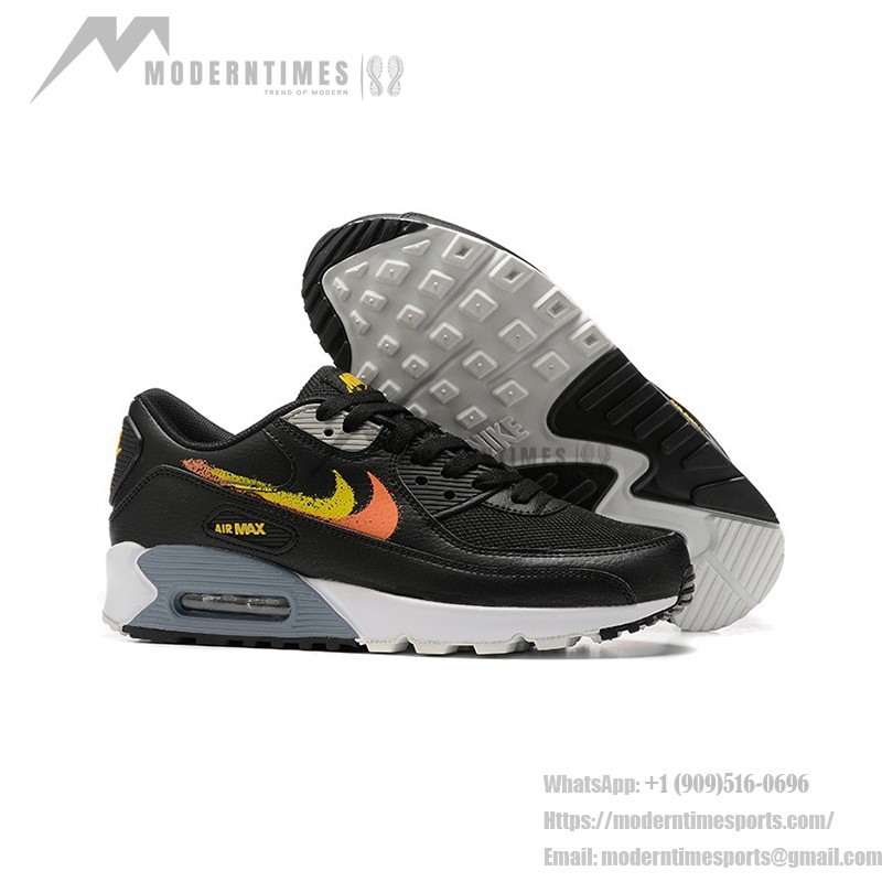 Nike Air Max 90 FJ4229-001 - 大胆なグラデーションスウッシュスニーカー Nike Air Max 90 FJ4229-001 - グラデーションオレンジ&イエロースウッシュ付きブラックスニーカー