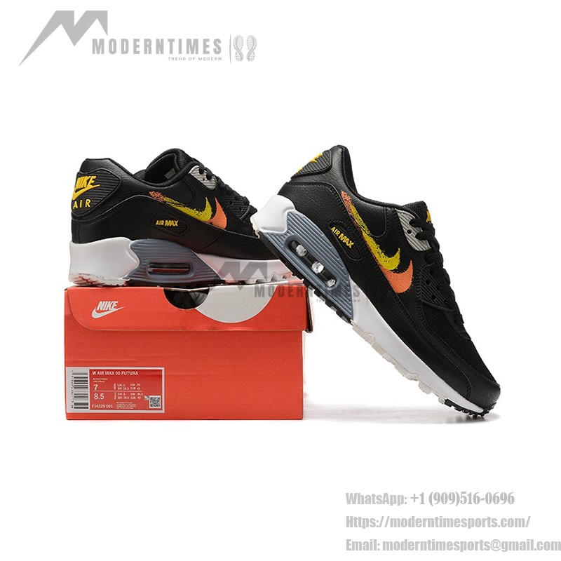Nike Air Max 90 FJ4229-001 - 大胆なグラデーションスウッシュスニーカー Nike Air Max 90 FJ4229-001 - グラデーションオレンジ&イエロースウッシュ付きブラックスニーカー