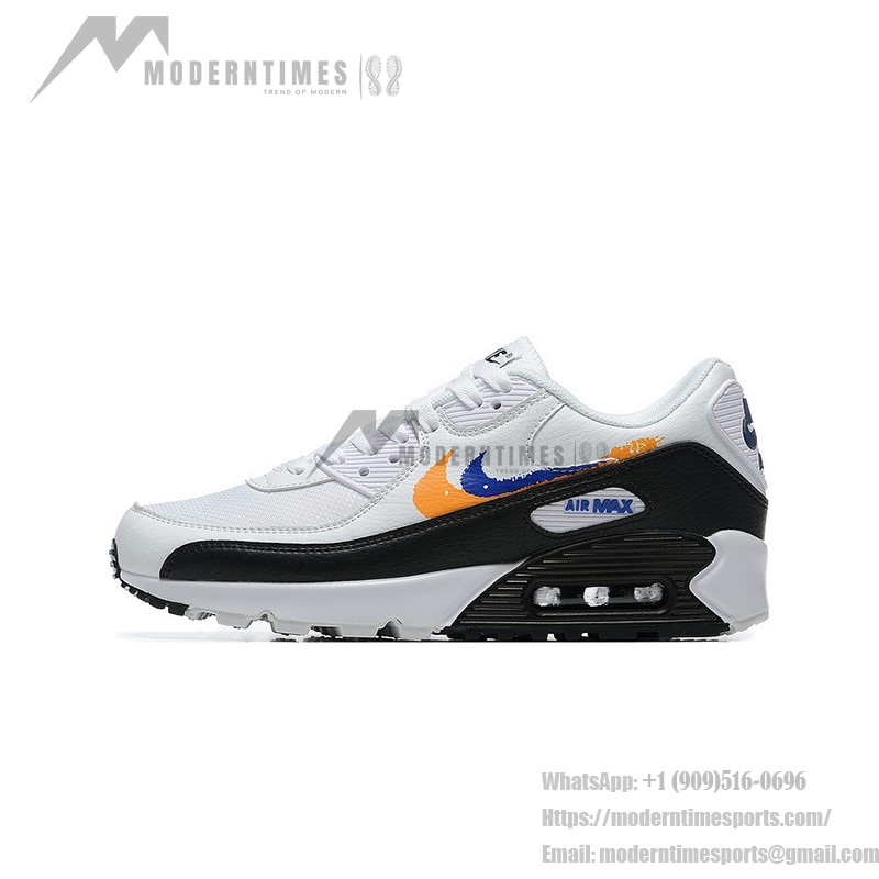Nike Air Max 90 FJ4592-100 - グラフィックスウッシュが特徴のホワイトスニーカー Nike Air Max 90 FJ4592-100 オレンジとブルーのグラフィックスウッシュが映えるホワイトスニーカー