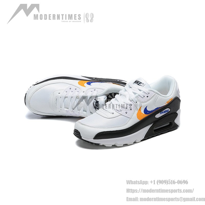 Nike Air Max 90 FJ4592-100 - グラフィックスウッシュが特徴のホワイトスニーカー Nike Air Max 90 FJ4592-100 オレンジとブルーのグラフィックスウッシュが映えるホワイトスニーカー