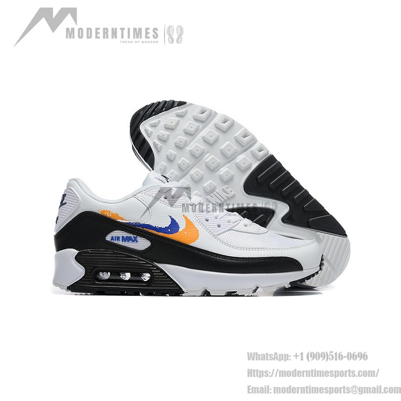 Nike Air Max 90 FJ4592-100 - グラフィックスウッシュが特徴のホワイトスニーカー Nike Air Max 90 FJ4592-100 オレンジとブルーのグラフィックスウッシュが映えるホワイトスニーカー