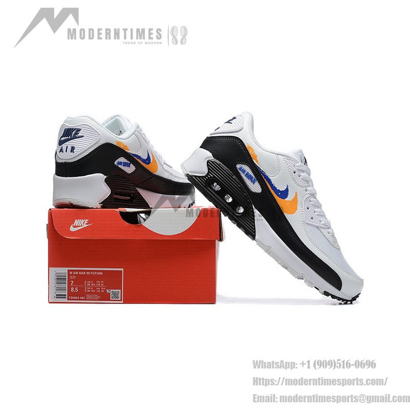 Nike Air Max 90 FJ4592-100 - グラフィックスウッシュが特徴のホワイトスニーカー Nike Air Max 90 FJ4592-100 オレンジとブルーのグラフィックスウッシュが映えるホワイトスニーカー
