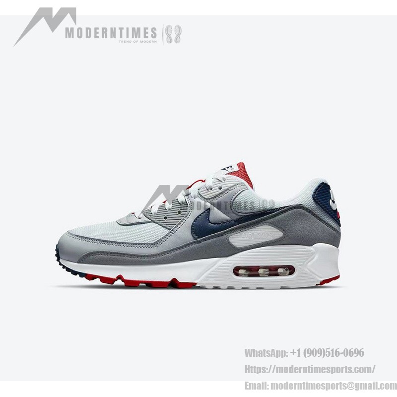 Nike Air Max 90 'USA グレー/レッド/ブルー' - クラシックなアメリカンスタイル Nike Air Max 90 'USA グレー/レッド/ブルー' DZ1846-001、グレーのアッパー、レッドのアクセント、ネイビーブルーのスウッシュ