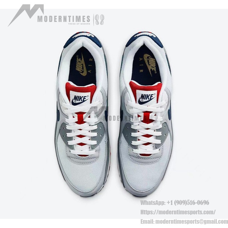 Nike Air Max 90 'USA グレー/レッド/ブルー' - クラシックなアメリカンスタイル Nike Air Max 90 'USA グレー/レッド/ブルー' DZ1846-001、グレーのアッパー、レッドのアクセント、ネイビーブルーのスウッシュ