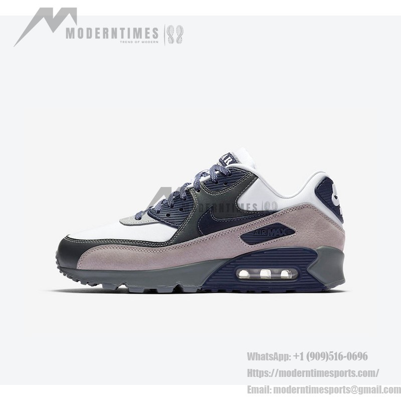 グレー、ネイビー、ホワイトを基調としたNike Air Max 90 'Lahar Escape' CI5646-100、スエードとレザーのディテール付き