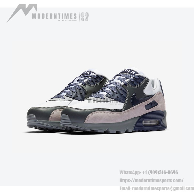 グレー、ネイビー、ホワイトを基調としたNike Air Max 90 'Lahar Escape' CI5646-100、スエードとレザーのディテール付き