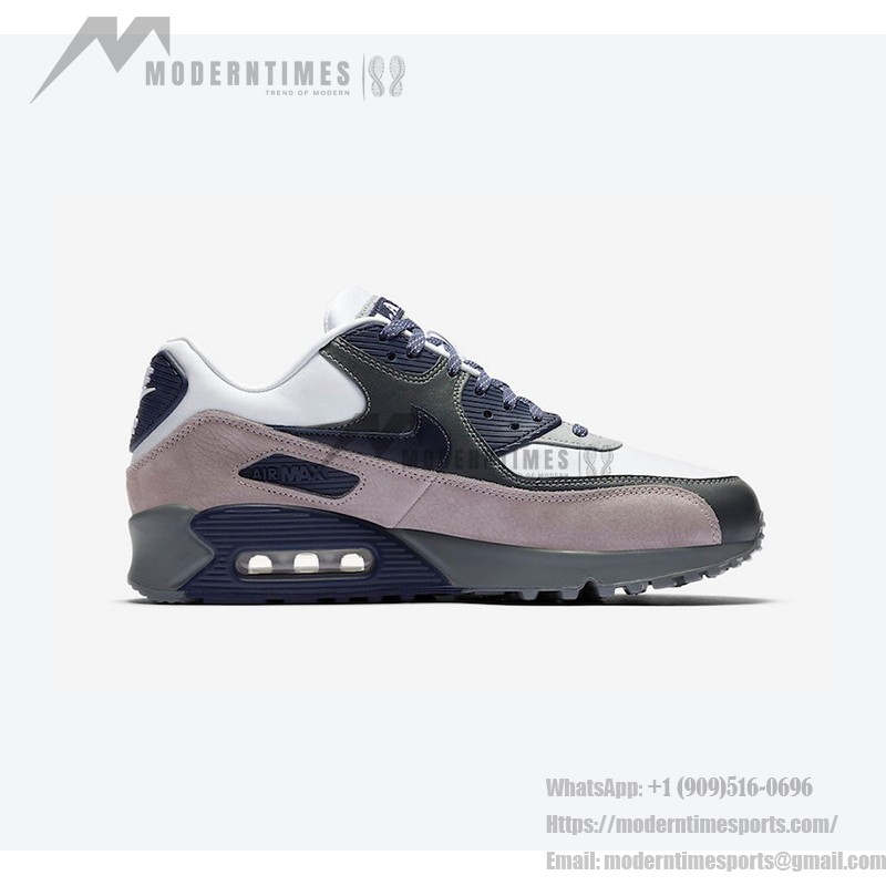 グレー、ネイビー、ホワイトを基調としたNike Air Max 90 'Lahar Escape' CI5646-100、スエードとレザーのディテール付き