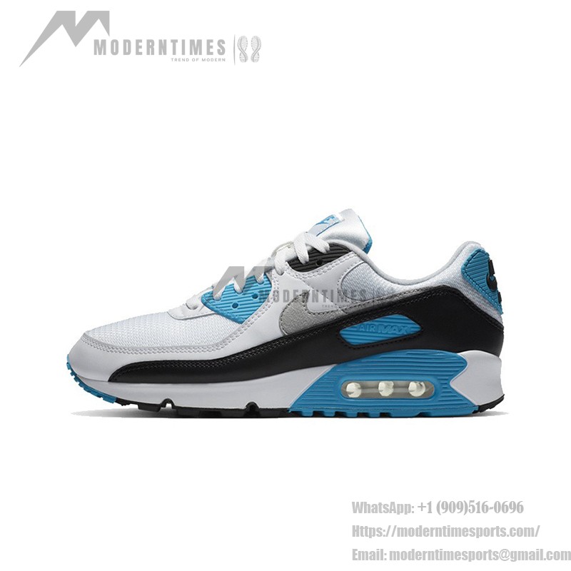 Nike Air Max 90 'レーザーブルー' CJ6779-100 - アイコニックなデザインとMax Airクッショニング Nike Air Max 90 'レーザーブルー' CJ6779-100 - 黒のオーバーレイとブルーのアクセントが際立つ白いスニーカー