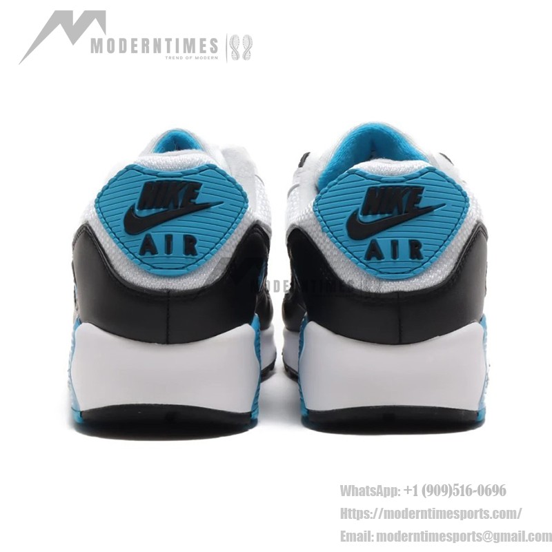 Nike Air Max 90 'レーザーブルー' CJ6779-100 - アイコニックなデザインとMax Airクッショニング Nike Air Max 90 'レーザーブルー' CJ6779-100 - 黒のオーバーレイとブルーのアクセントが際立つ白いスニーカー