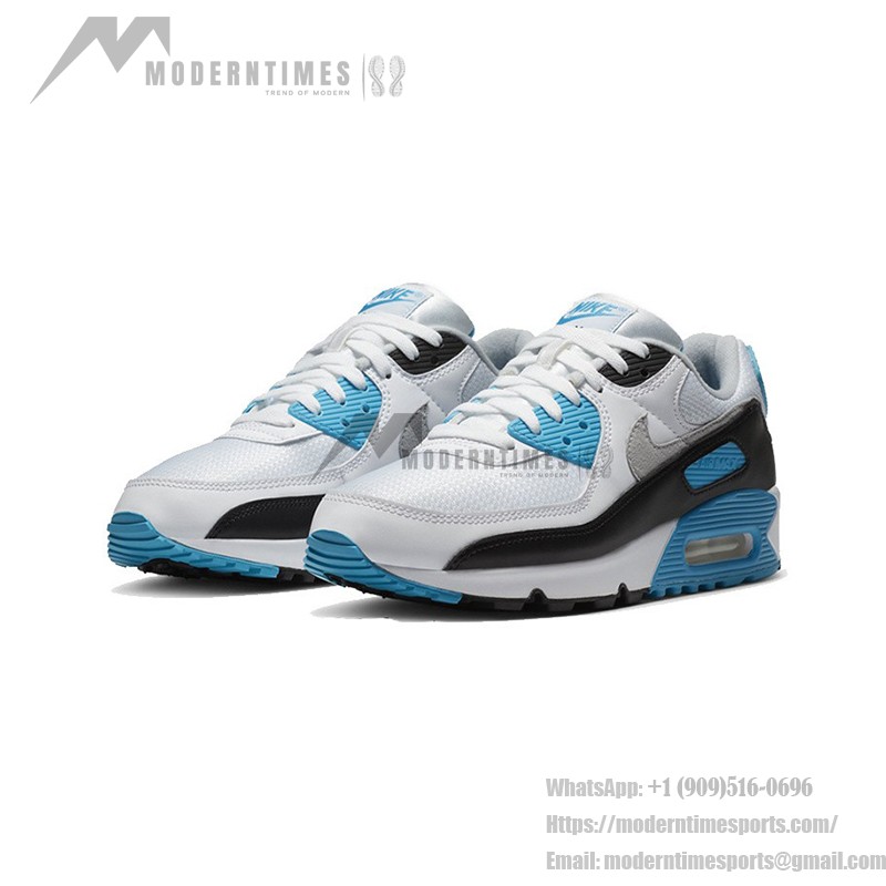 Nike Air Max 90 'レーザーブルー' CJ6779-100 - アイコニックなデザインとMax Airクッショニング Nike Air Max 90 'レーザーブルー' CJ6779-100 - 黒のオーバーレイとブルーのアクセントが際立つ白いスニーカー