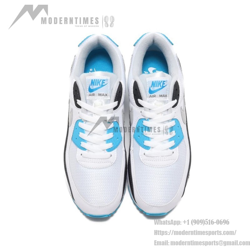 Nike Air Max 90 'レーザーブルー' CJ6779-100 - アイコニックなデザインとMax Airクッショニング Nike Air Max 90 'レーザーブルー' CJ6779-100 - 黒のオーバーレイとブルーのアクセントが際立つ白いスニーカー