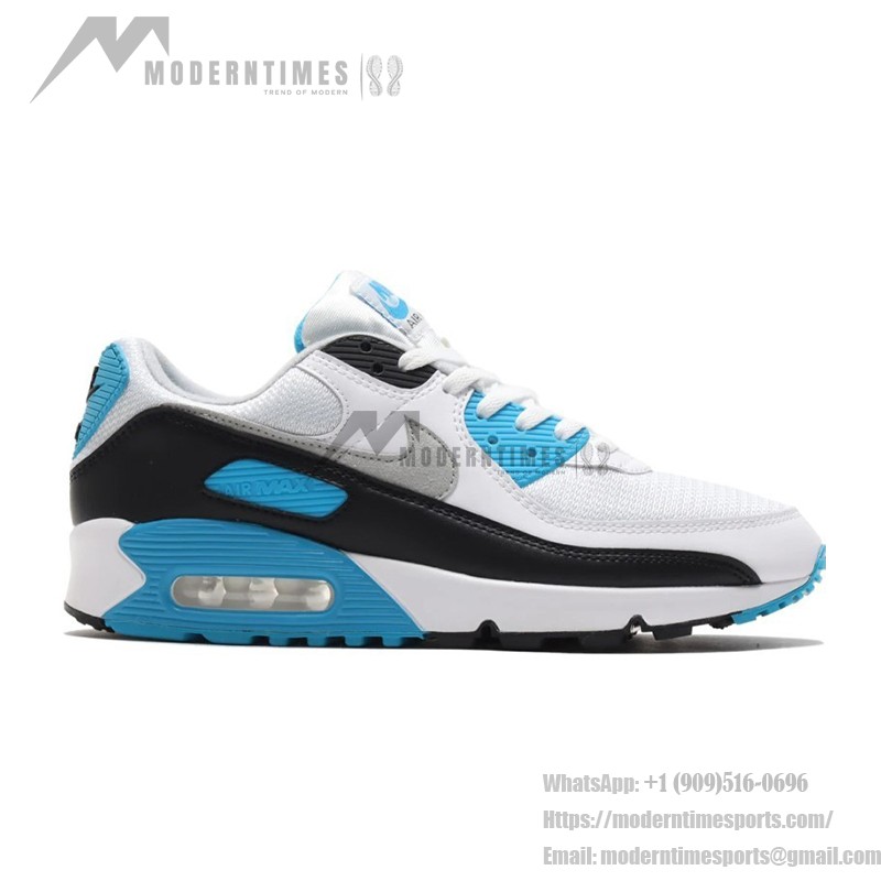 Nike Air Max 90 'レーザーブルー' CJ6779-100 - アイコニックなデザインとMax Airクッショニング Nike Air Max 90 'レーザーブルー' CJ6779-100 - 黒のオーバーレイとブルーのアクセントが際立つ白いスニーカー