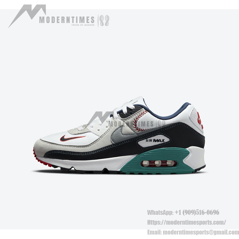 Nike Air Max 90 Swingman エディション - 野球インスパイアのネイビー、レッド、ティールスニーカー Nike Air Max 90 DJ5190-100 Swingman エディション - 野球デザインのネイビー、レッド、ティールスニーカー