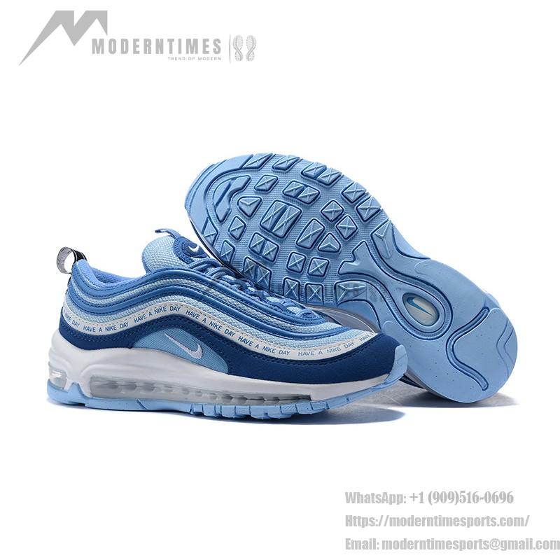 Nike Air Max 97 "Have a Nike Day" BQ9130-400, vibrant blue sneakers with iconic slogan design