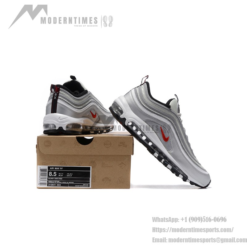 Nike Air Max 97 Silver Bullet - Sleek Silver and Red Design Nike Air Max 97 Silver Bullet 312641-069 with Red Swoosh