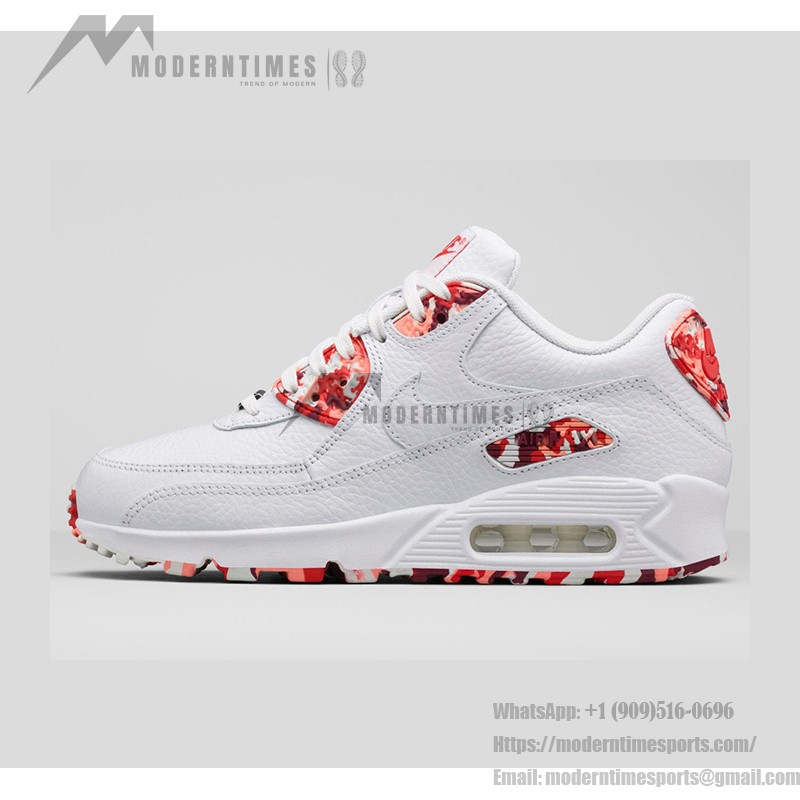 Nike Air Max 90 813150-100 - 個性的なカモフラージュスニーカー Nike Air Max 90 813150-100の赤いカモフラージュとホワイトレザーのディテール