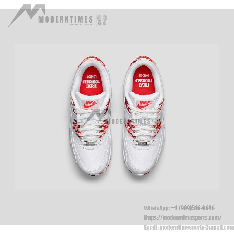 Nike Air Max 90 813150-100 - 個性的なカモフラージュスニーカー Nike Air Max 90 813150-100の赤いカモフラージュとホワイトレザーのディテール