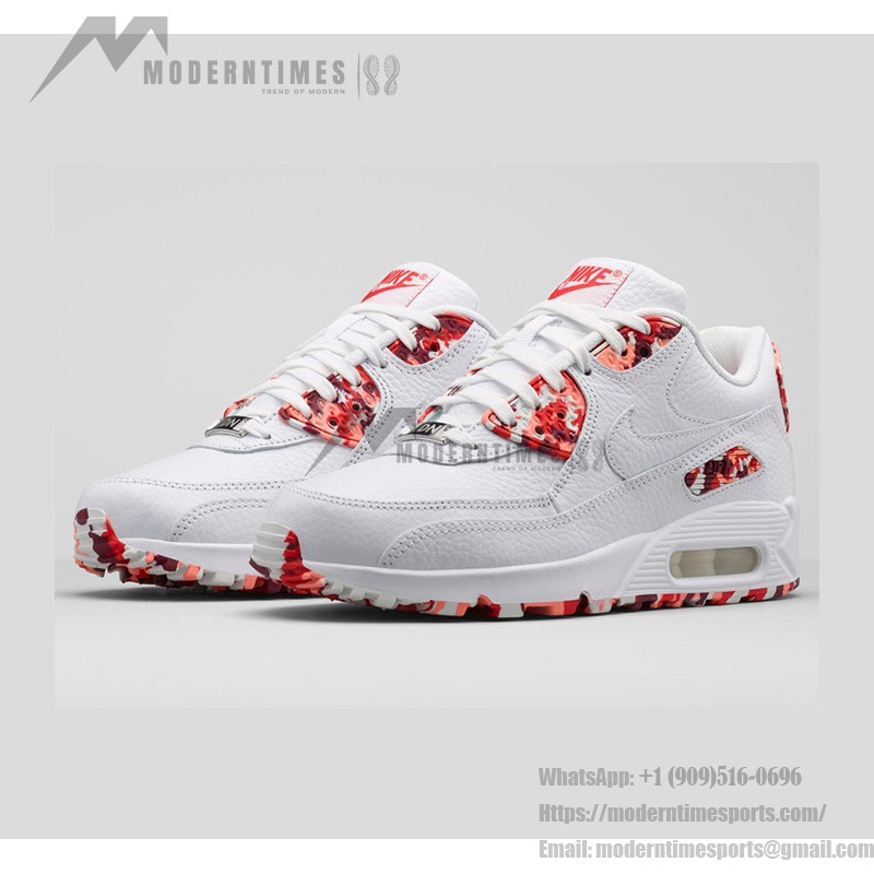 Nike Air Max 90 813150-100 - 個性的なカモフラージュスニーカー Nike Air Max 90 813150-100の赤いカモフラージュとホワイトレザーのディテール