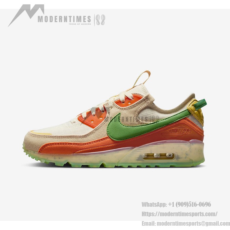Nike Air Max Terrascape 90 DV7413-100 サステナブルなベージュスニーカー Nike Air Max Terrascape 90 DV7413-100 ベージュのスニーカー、グリーンスウッシュとオレンジのディテール