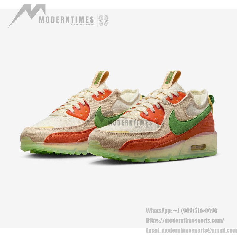 Nike Air Max Terrascape 90 DV7413-100 サステナブルなベージュスニーカー Nike Air Max Terrascape 90 DV7413-100 ベージュのスニーカー、グリーンスウッシュとオレンジのディテール