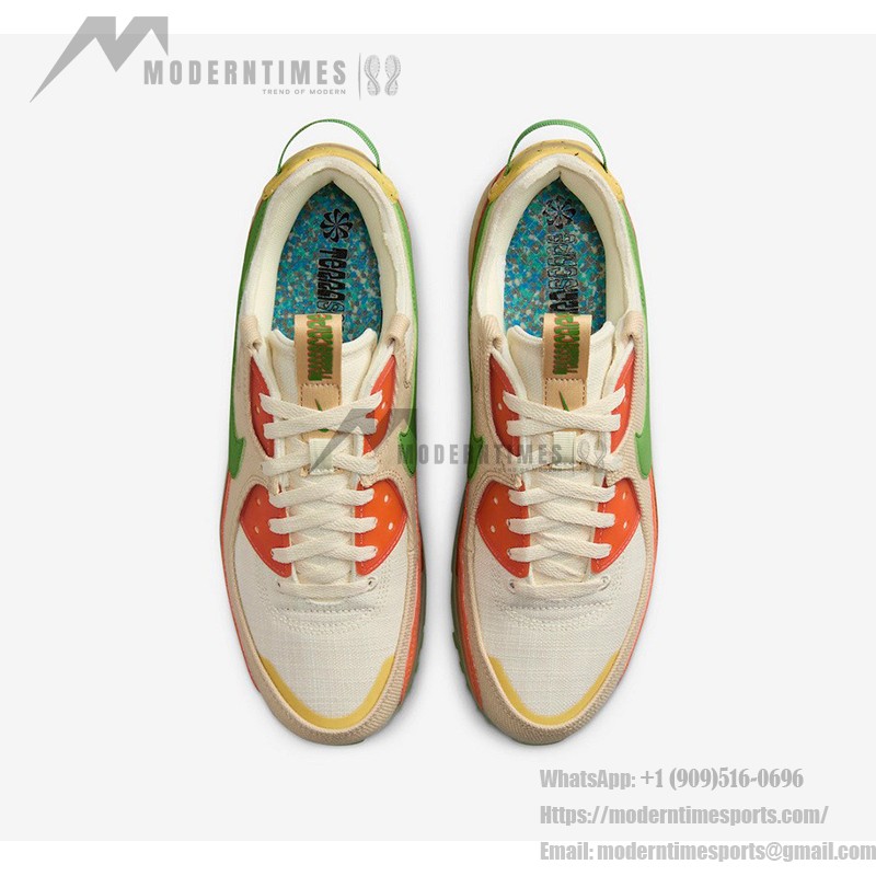 Nike Air Max Terrascape 90 DV7413-100 サステナブルなベージュスニーカー Nike Air Max Terrascape 90 DV7413-100 ベージュのスニーカー、グリーンスウッシュとオレンジのディテール