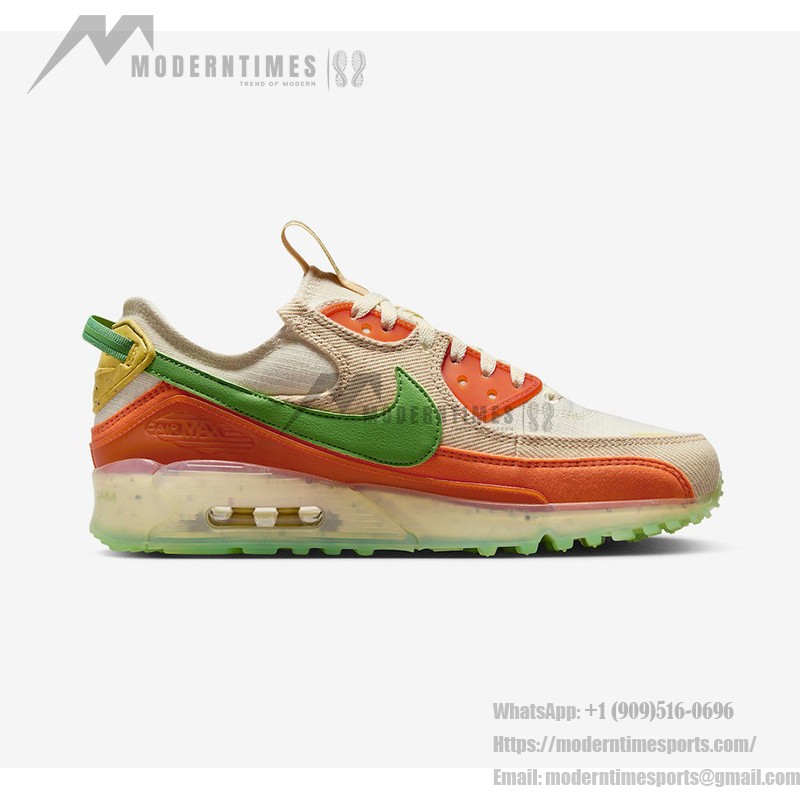 Nike Air Max Terrascape 90 DV7413-100 サステナブルなベージュスニーカー Nike Air Max Terrascape 90 DV7413-100 ベージュのスニーカー、グリーンスウッシュとオレンジのディテール