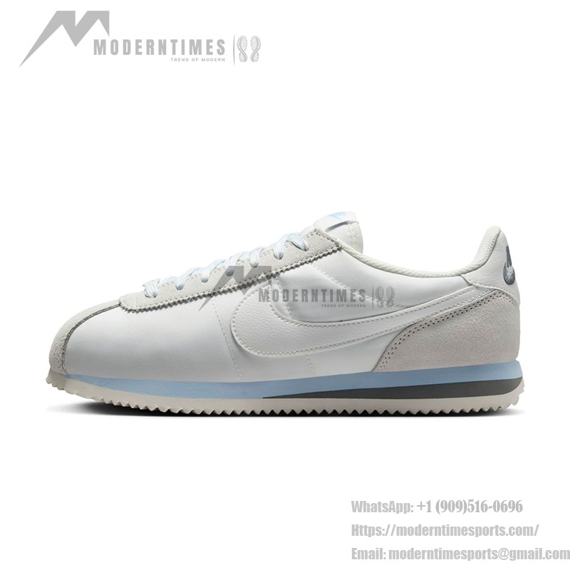 Nike Cortez Summit White Grey HF6410-101 Nike Cortez Summit White Grey HF6410-101 - エレガントなホワイトスニーカー(グレーとブルーの控えめなディテール付き)