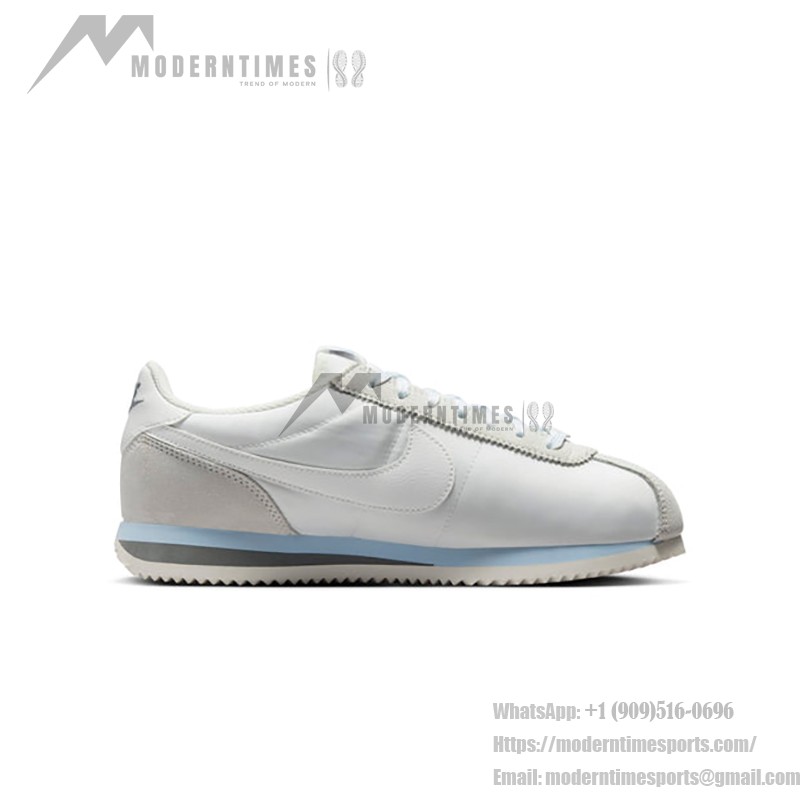 Nike Cortez Summit White Grey HF6410-101 Nike Cortez Summit White Grey HF6410-101 - エレガントなホワイトスニーカー(グレーとブルーの控えめなディテール付き)