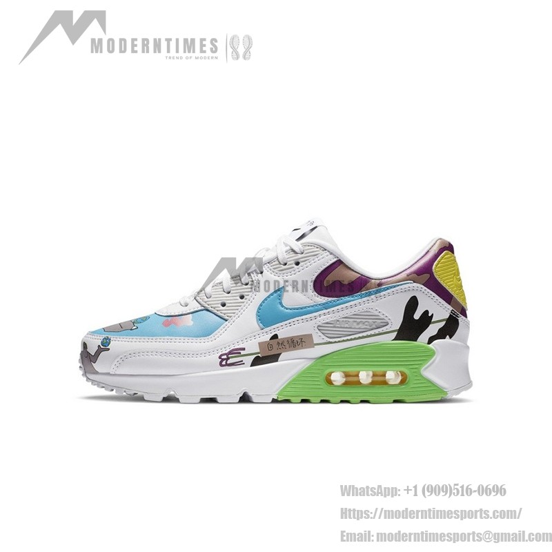 Ruohan Wang x Nike Air Max 90 Flyleather - 芸術的&エコフレンドリー Ruohan Wang x Nike Air Max 90 Flyleather CZ3992-900、カラフルな抽象的パターンとグリーンのアクセントが特徴