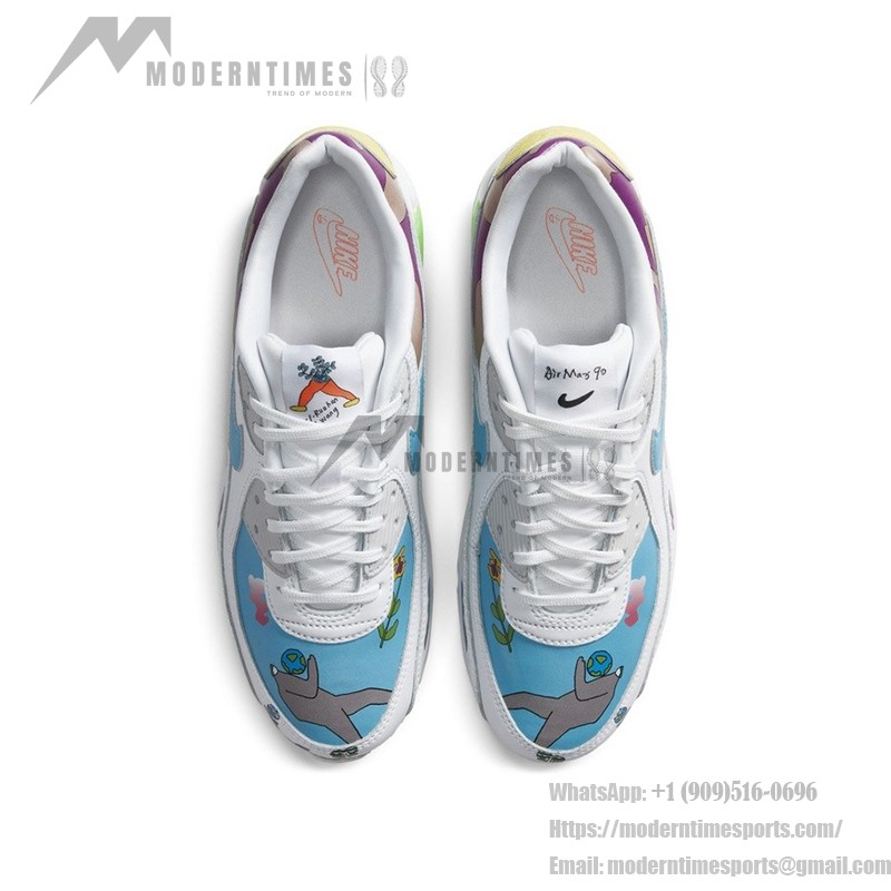 Ruohan Wang x Nike Air Max 90 Flyleather - 芸術的&エコフレンドリー Ruohan Wang x Nike Air Max 90 Flyleather CZ3992-900、カラフルな抽象的パターンとグリーンのアクセントが特徴