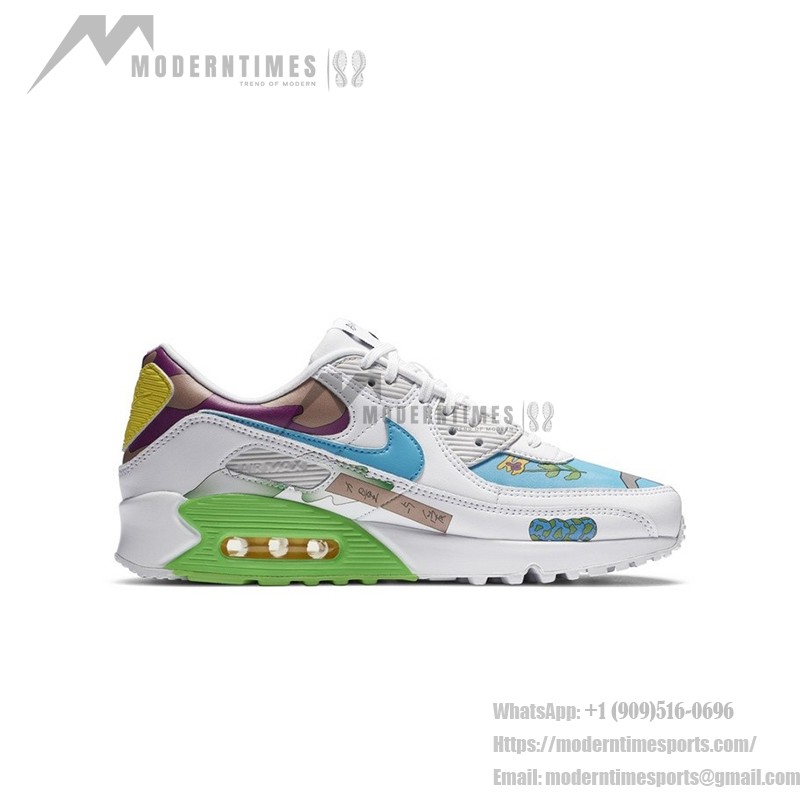 Ruohan Wang x Nike Air Max 90 Flyleather - 芸術的&エコフレンドリー Ruohan Wang x Nike Air Max 90 Flyleather CZ3992-900、カラフルな抽象的パターンとグリーンのアクセントが特徴