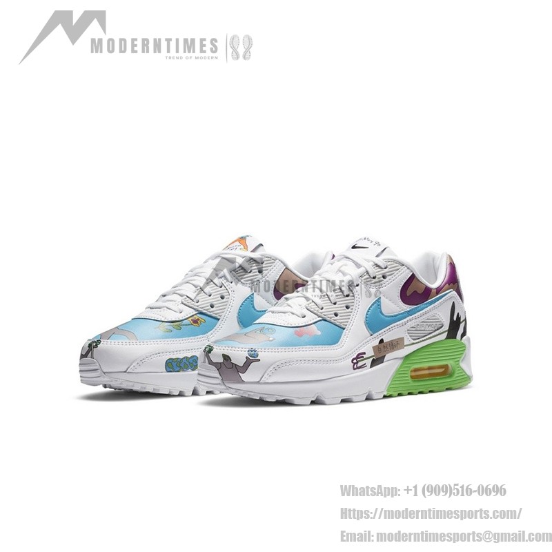 Ruohan Wang x Nike Air Max 90 Flyleather - 芸術的&エコフレンドリー Ruohan Wang x Nike Air Max 90 Flyleather CZ3992-900、カラフルな抽象的パターンとグリーンのアクセントが特徴