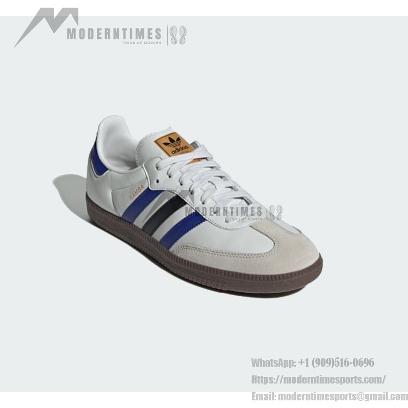 Adidas Samba OG ID1381 - クラシックなストリートウェアスニーカー Adidas Samba OG ID1381 - 青と黒のストライプが入った白レザースニーカー