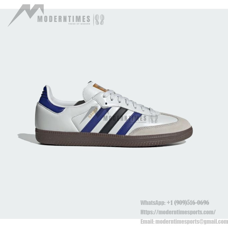 Adidas Samba OG ID1381 - クラシックなストリートウェアスニーカー Adidas Samba OG ID1381 - 青と黒のストライプが入った白レザースニーカー