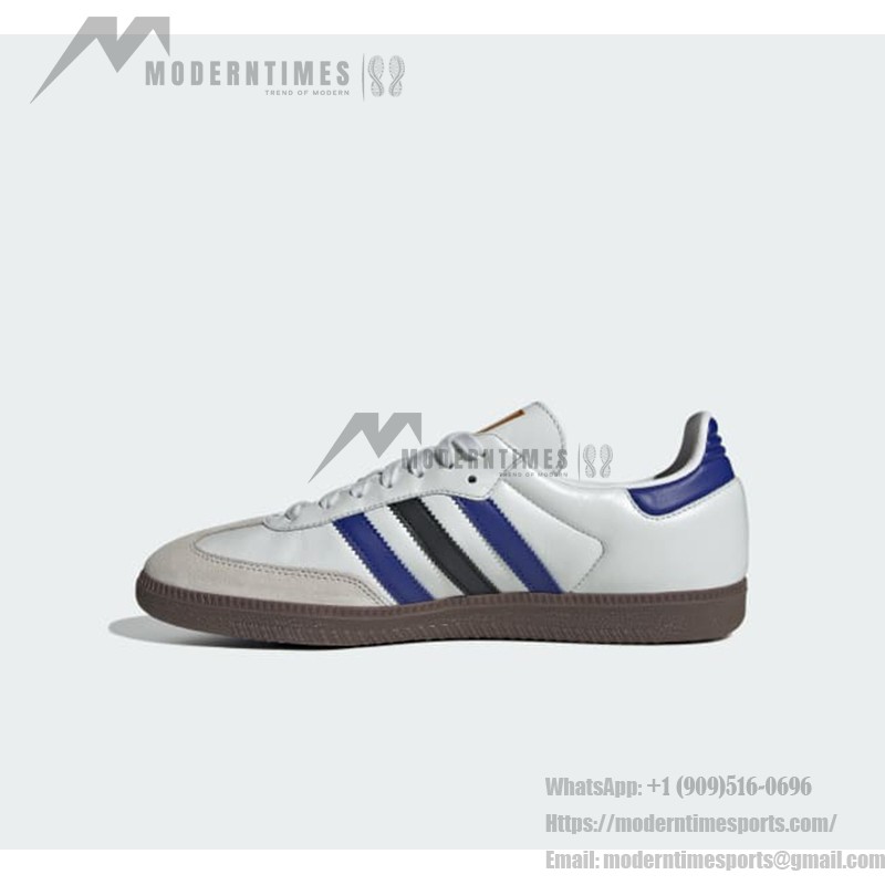 Adidas Samba OG ID1381 - クラシックなストリートウェアスニーカー Adidas Samba OG ID1381 - 青と黒のストライプが入った白レザースニーカー