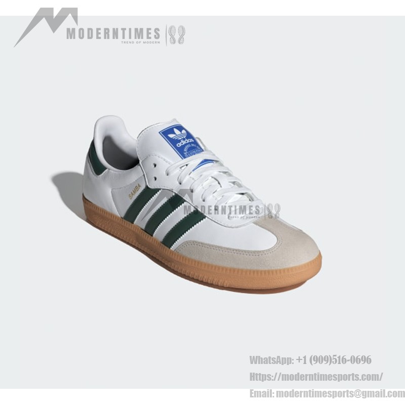 Adidas Samba OG Shoes IE3437 - グリーンストライプとレトロソールが特徴のホワイトレザースニーカー Adidas Samba OG Shoes IE3437 - グリーンストライプとガムソール付きホワイトレザー スニーカー