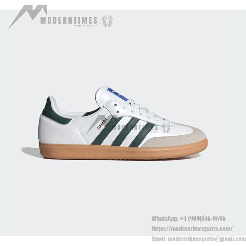 Adidas Samba OG Shoes IE3437 - グリーンストライプとレトロソールが特徴のホワイトレザースニーカー Adidas Samba OG Shoes IE3437 - グリーンストライプとガムソール付きホワイトレザー スニーカー