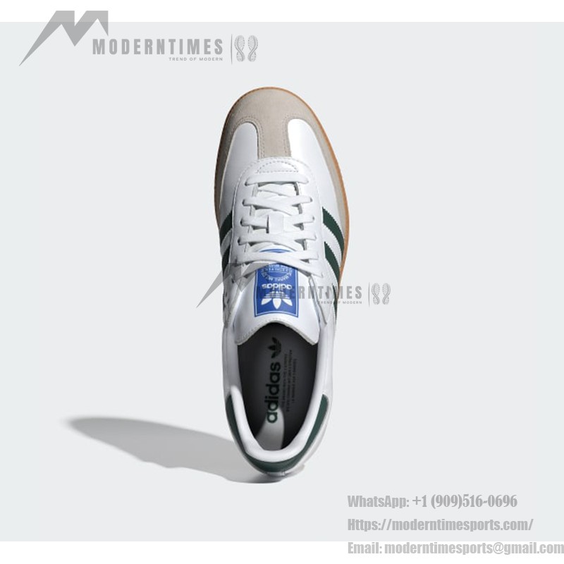 Adidas Samba OG Shoes IE3437 - グリーンストライプとレトロソールが特徴のホワイトレザースニーカー Adidas Samba OG Shoes IE3437 - グリーンストライプとガムソール付きホワイトレザー スニーカー