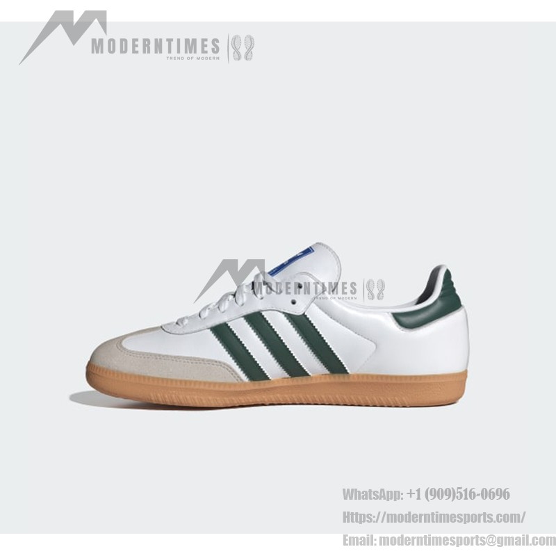 Adidas Samba OG Shoes IE3437 - グリーンストライプとレトロソールが特徴のホワイトレザースニーカー Adidas Samba OG Shoes IE3437 - グリーンストライプとガムソール付きホワイトレザー スニーカー