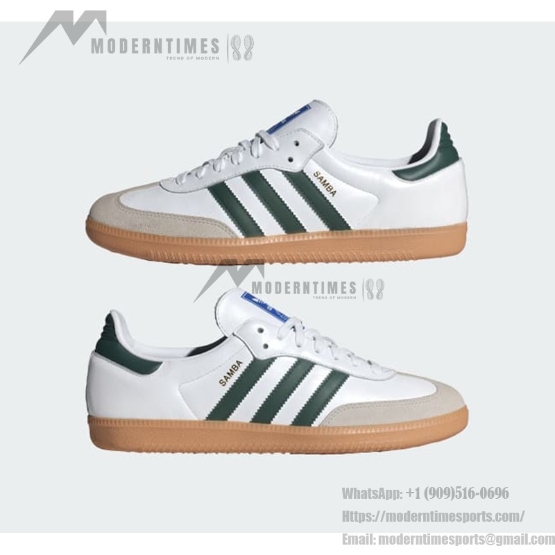 Adidas Samba OG Shoes IE3437 - グリーンストライプとレトロソールが特徴のホワイトレザースニーカー Adidas Samba OG Shoes IE3437 - グリーンストライプとガムソール付きホワイトレザー スニーカー